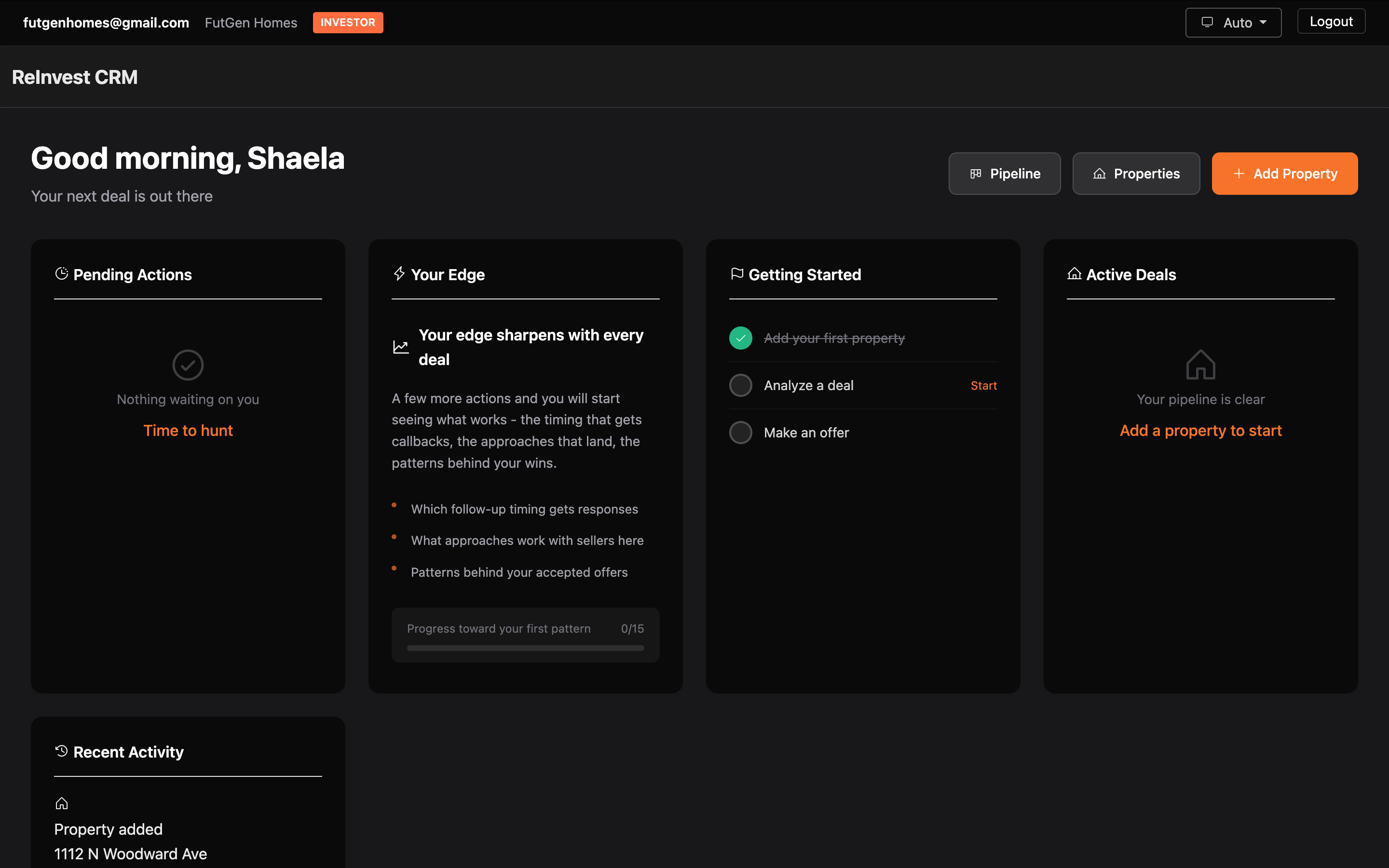 The REInvest deal dashboard, showing the pipeline of real-estate deals in demo data.